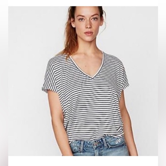 EXPRESS One Eleven Tie Front V-Neck Tee White | Pink Stripes - Picture 2 of 7